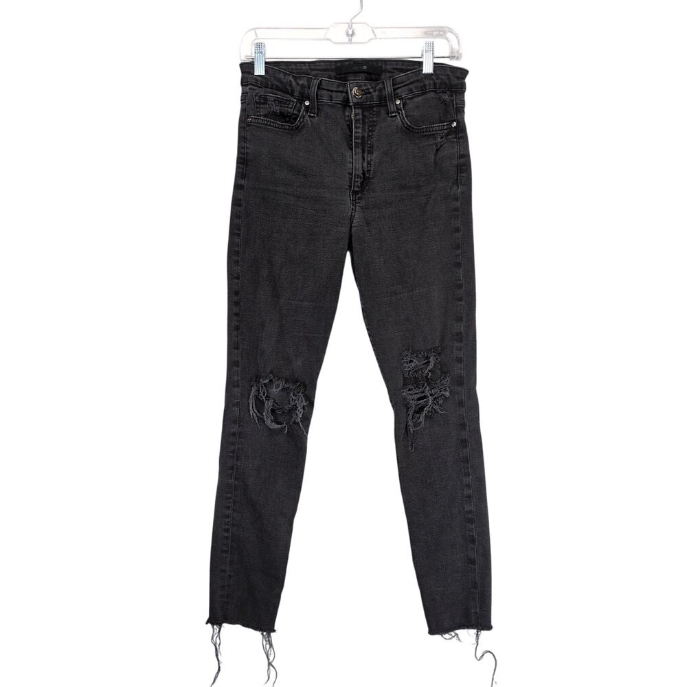 Joe's Jeans Sz 29 Black Denim‎ High Rise Skinny Ankle Destroyed Raw Hem Stretch